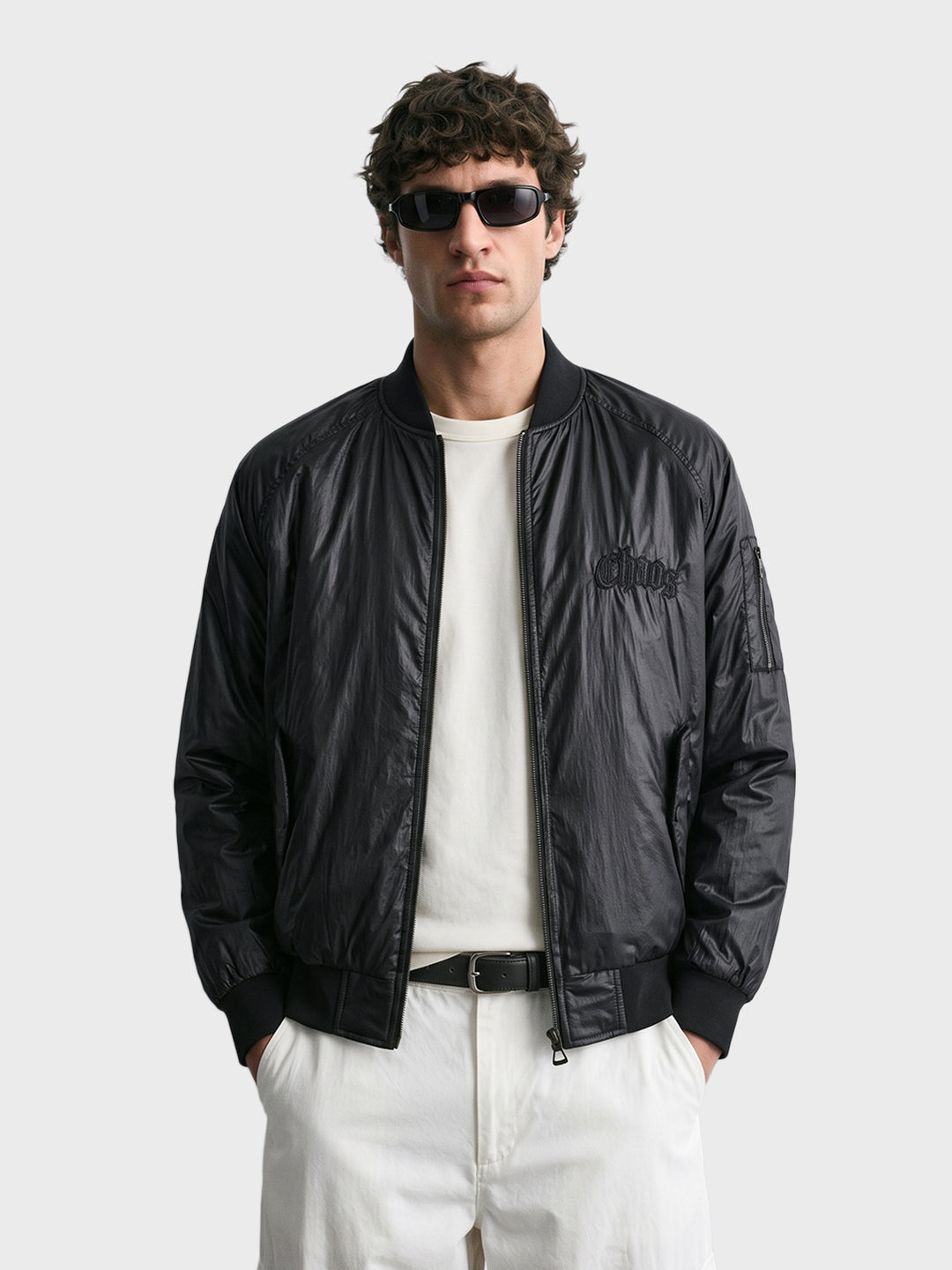 Men's Black Regular Fit Embroidered Casual Bomber Jacket