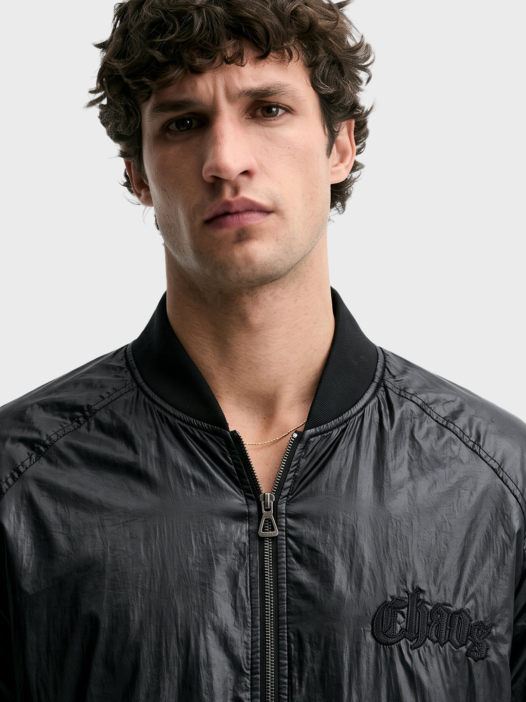 Men's Black Regular Fit Embroidered Casual Bomber Jacket