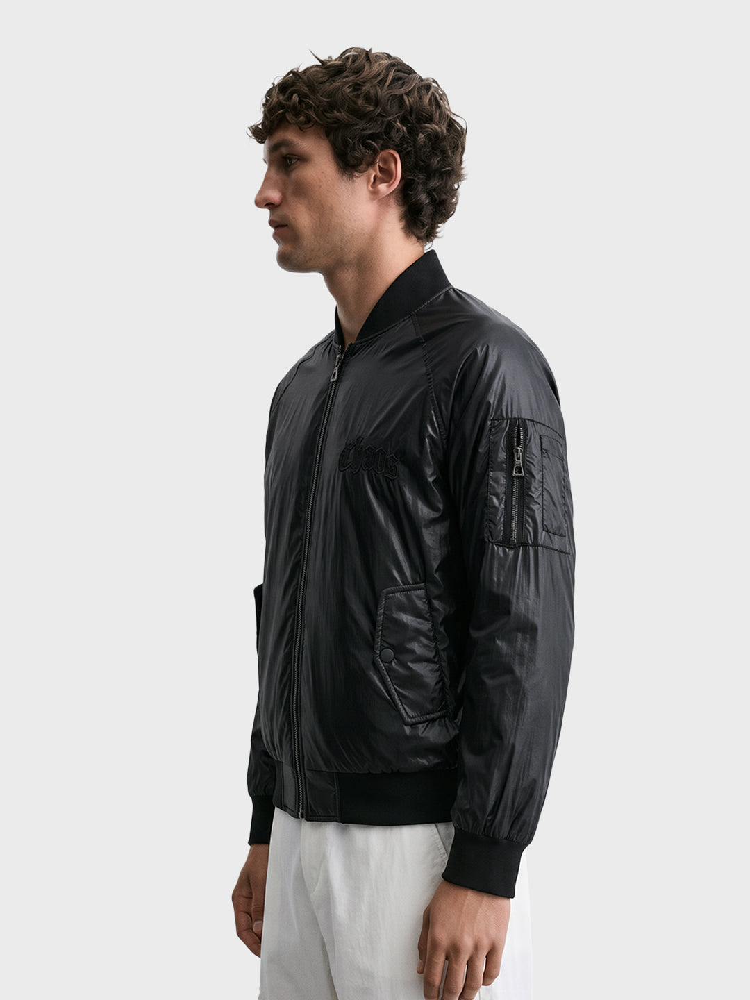 Men's Black Regular Fit Embroidered Casual Bomber Jacket