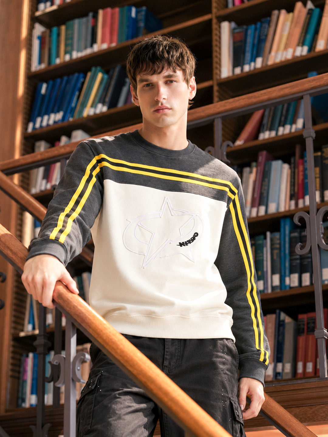 Men's Grey Regular Fit Colourblocked Casual Sweatshirt