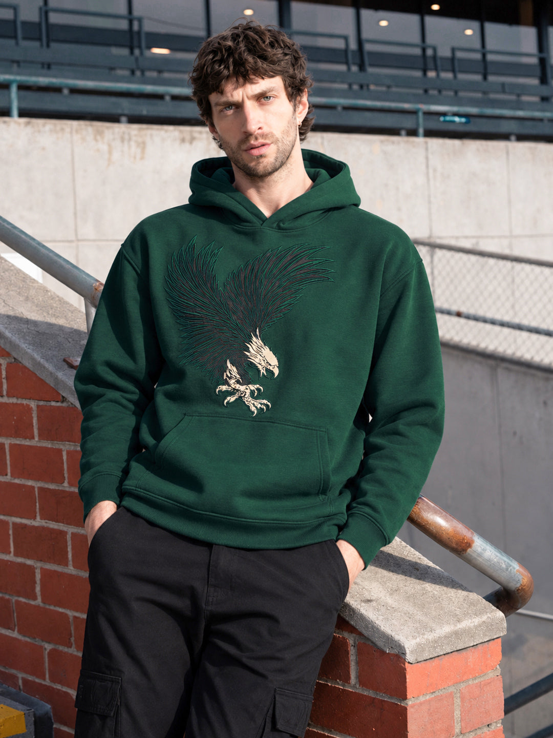 Men's Green Relaxed Fit Embroidered Street Wear Hooded Sweatshirt