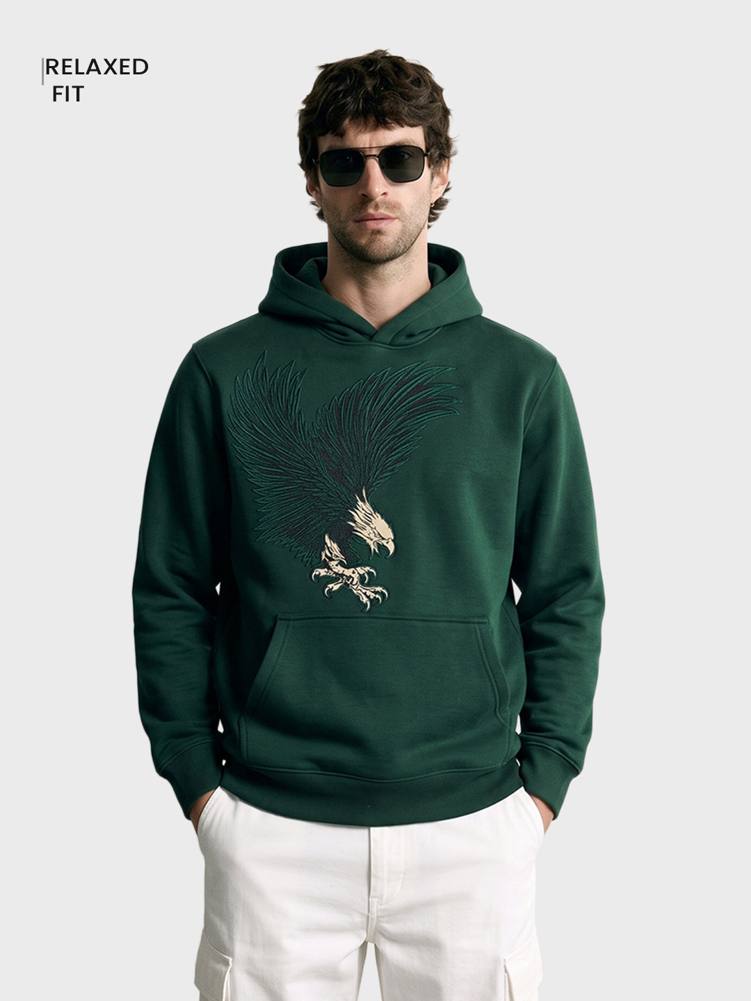 Men's Green Relaxed Fit Embroidered Street Wear Hooded Sweatshirt