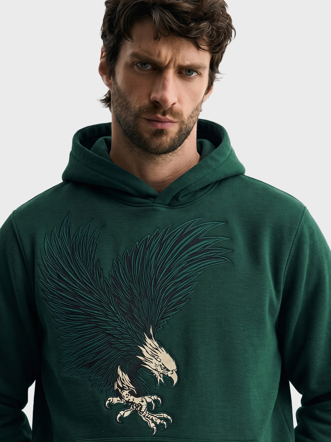 Men's Green Relaxed Fit Embroidered Street Wear Hooded Sweatshirt