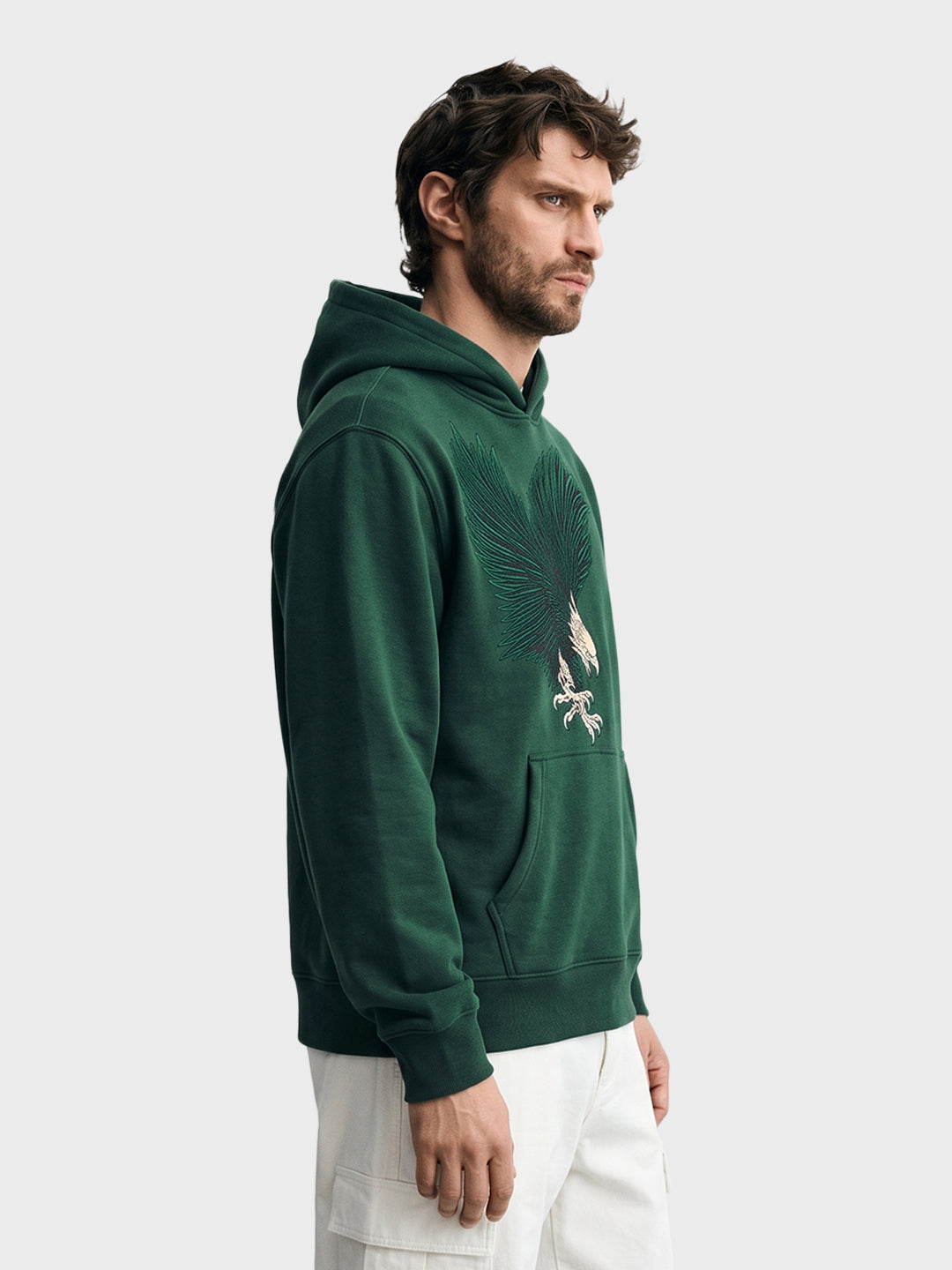 Men's Green Relaxed Fit Embroidered Street Wear Hooded Sweatshirt