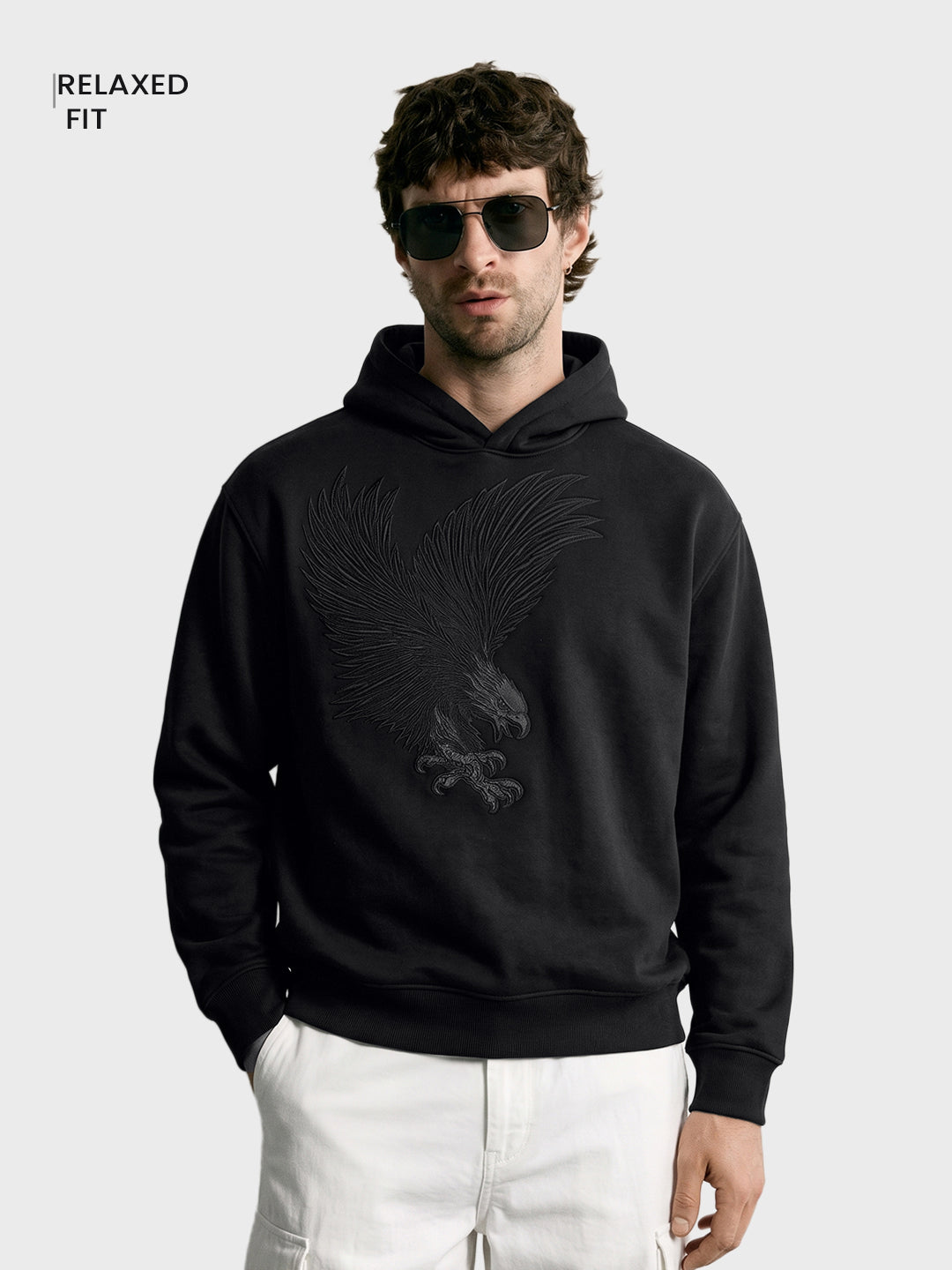 Men's Black Relaxed Fit Embroidered Street Wear Sweatshirt