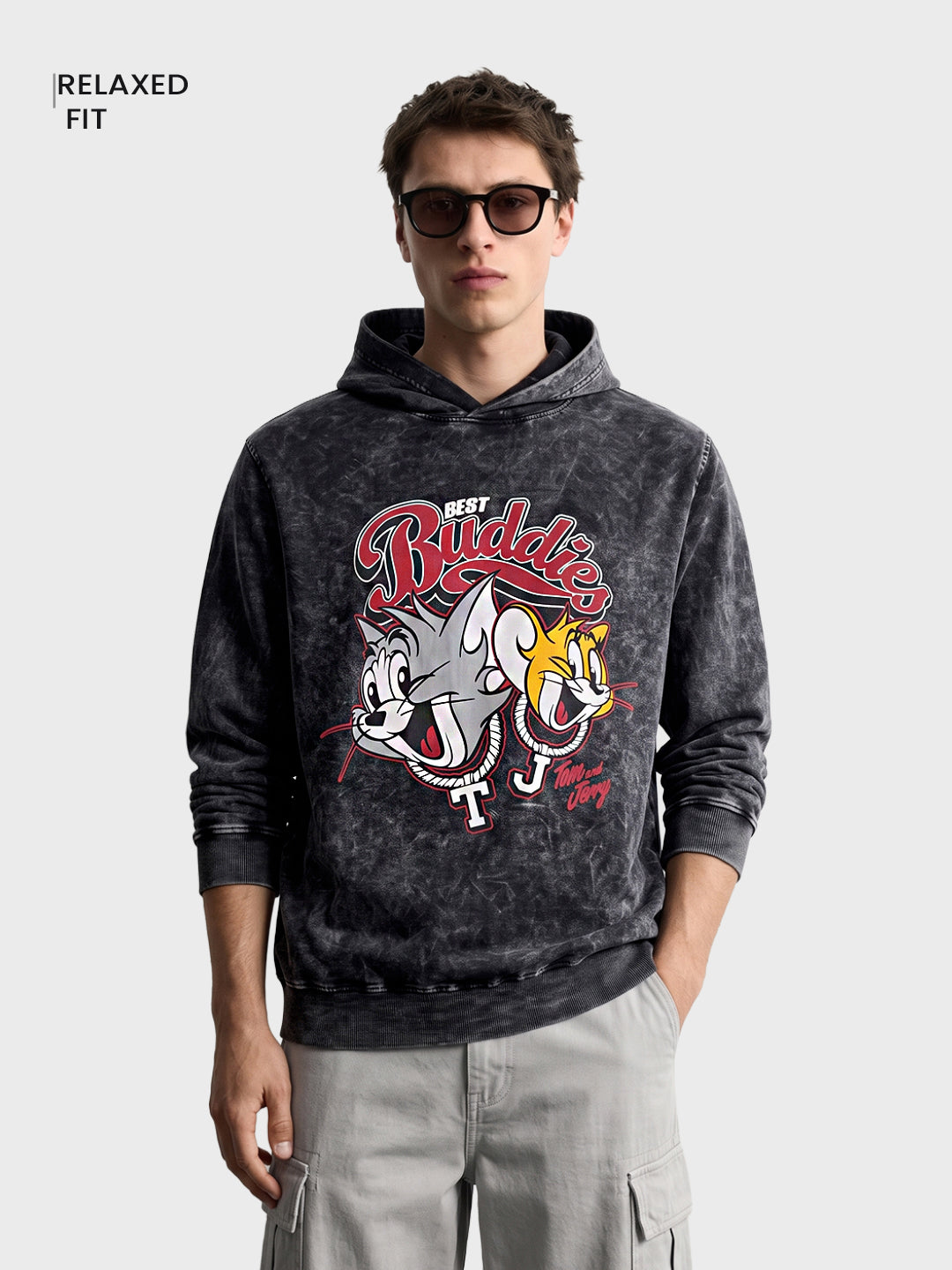 Men's Black Relaxed Fit Graphic Printed Casual Hooded Sweatshirt