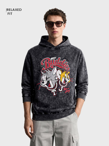 Men's Black Relaxed Fit Graphic Printed Casual Sweatshirt
