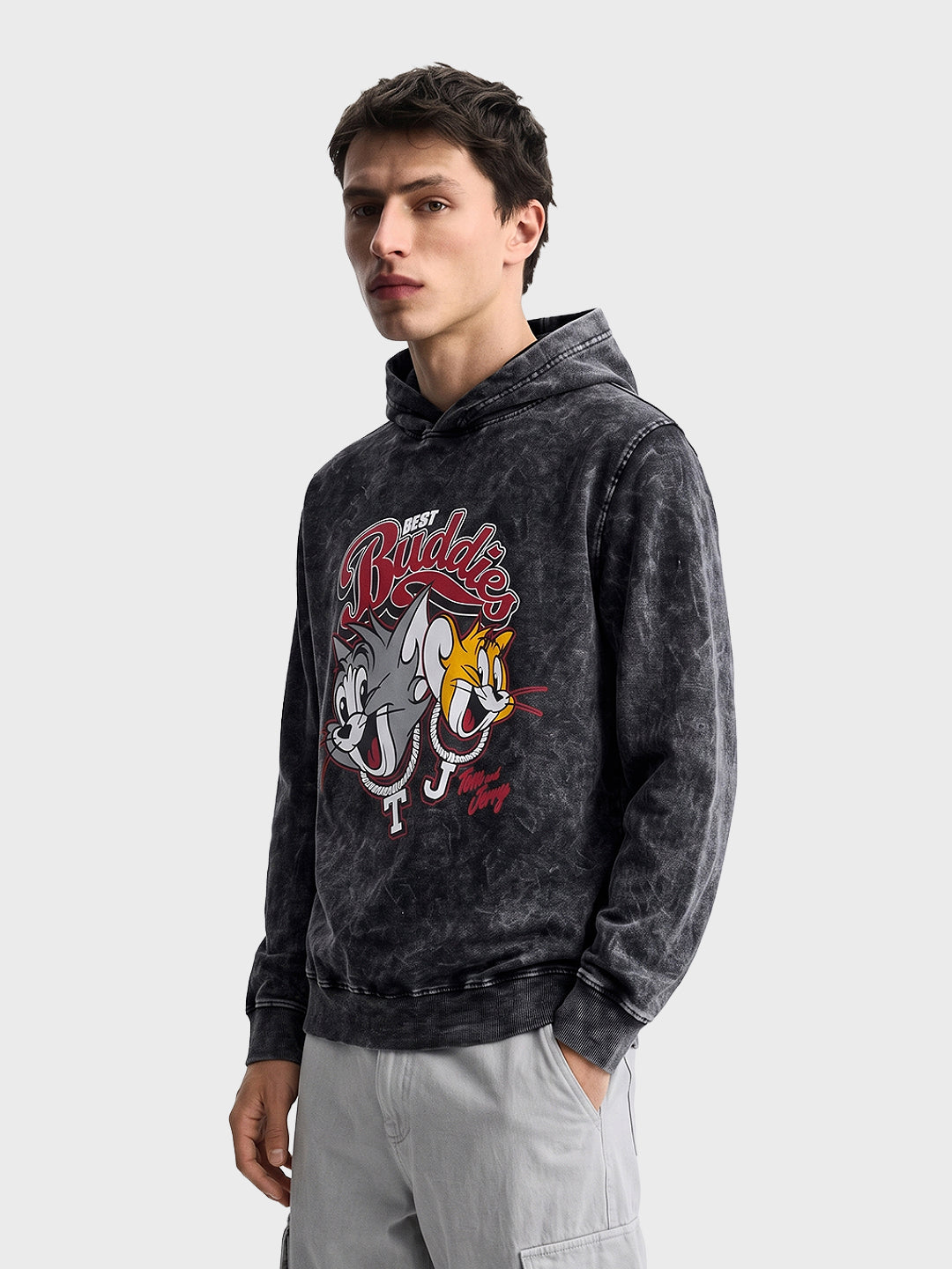 Men's Black Relaxed Fit Graphic Printed Casual Hooded Sweatshirt