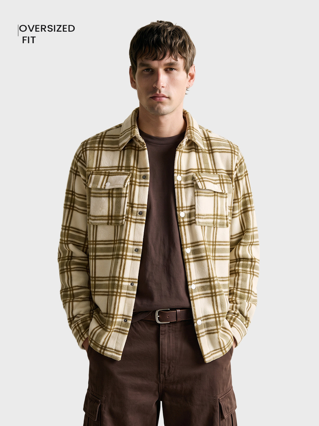 Men's Beige Oversized Fit Checkered Casual Shirt