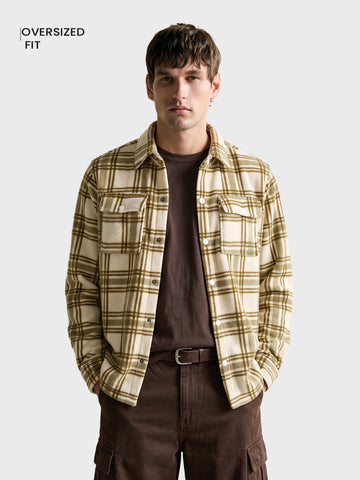 Men's Beige Oversized Fit Checkered Casual Shirt