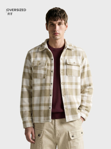 Men's Cream Regular Fit Checkered Casual Shirt