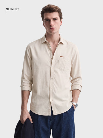 Men's Beige Slim Fit Solid Casual Shirt