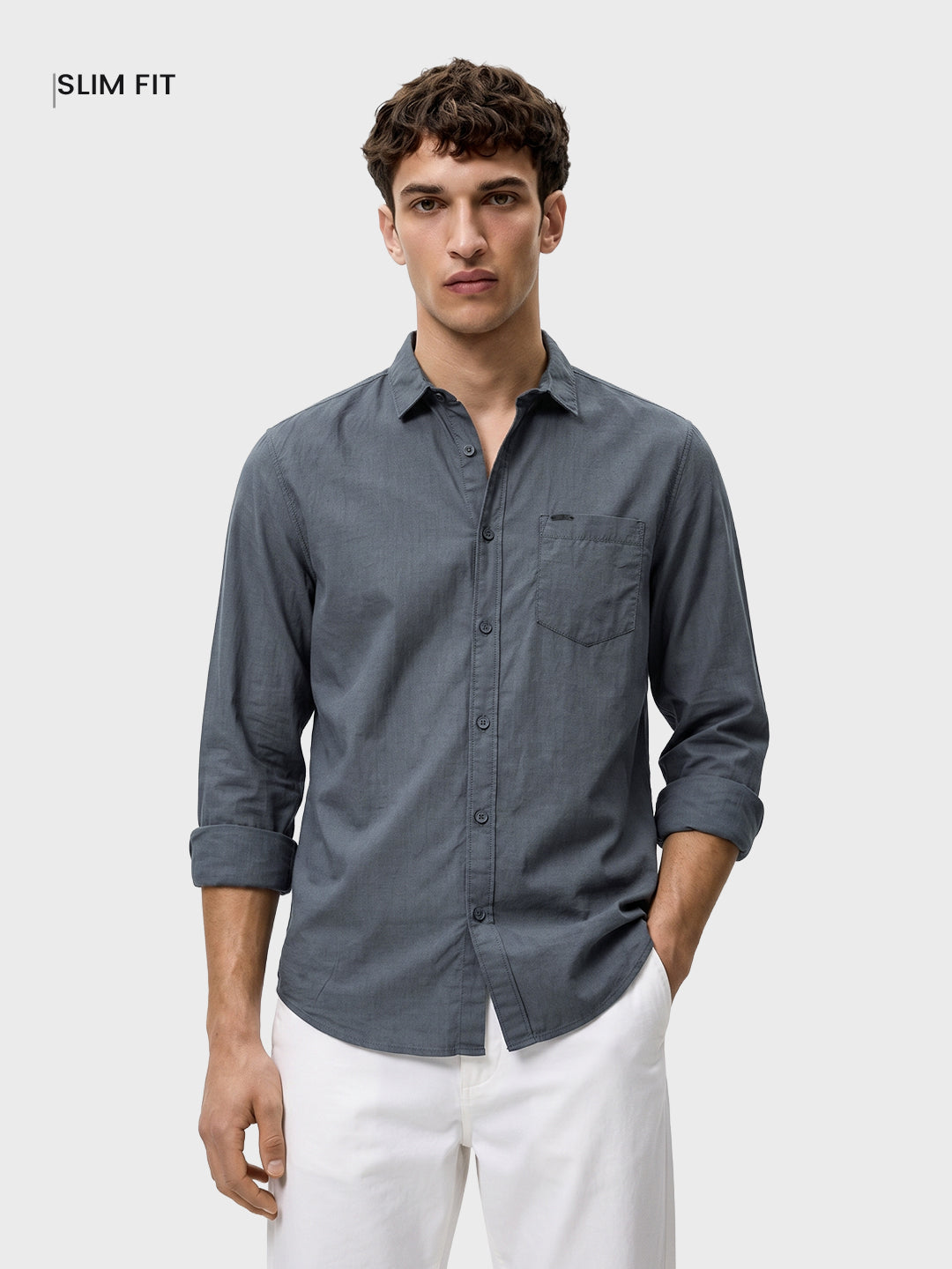 Men's Grey Slim Fit Solid Casual Shirt