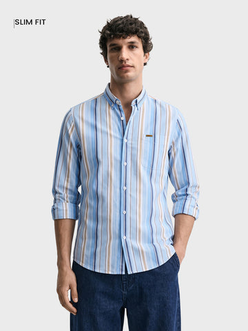 Men's Blue Slim Fit Striped Casual Shirt