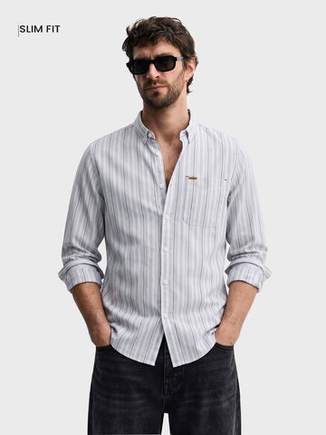 Men's Grey Slim Fit Striped Casual Shirt