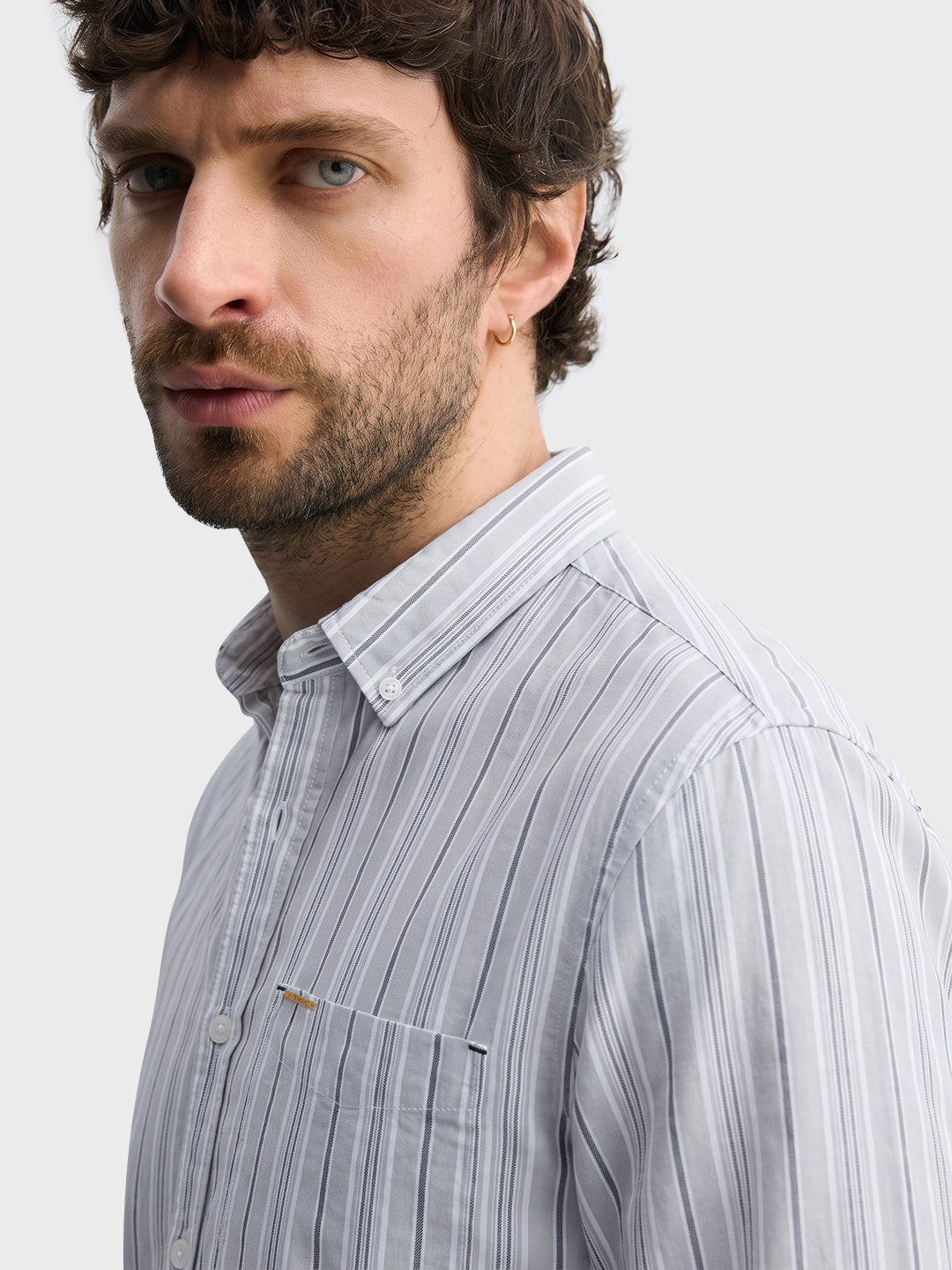 Men's Grey Slim Fit Striped Casual Shirt