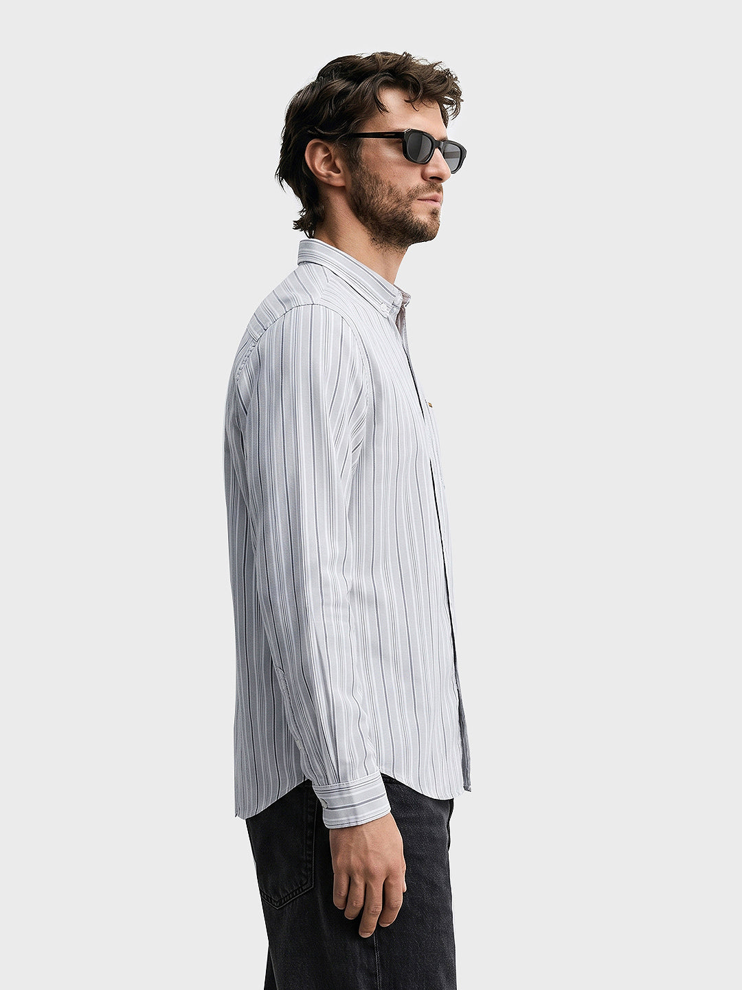 Men's Grey Slim Fit Striped Casual Shirt