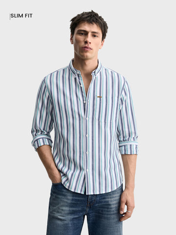 Men's Navy Blue Slim Fit Striped Casual Shirt