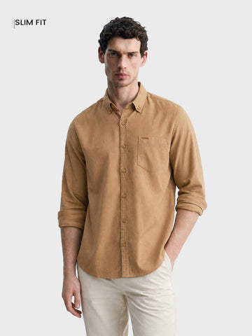 Men's Khaki Slim Fit Striped Casual Shirt