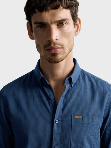 Men's Navy Slim Fit Striped Casual Shirt
