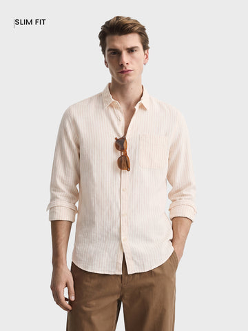 Men's Red Slim Fit Striped Casual Shirt
