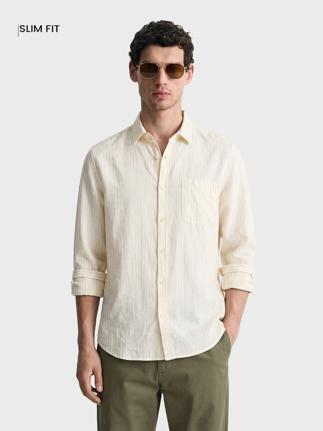 Men's Yellow Slim Fit Striped Casual Shirt