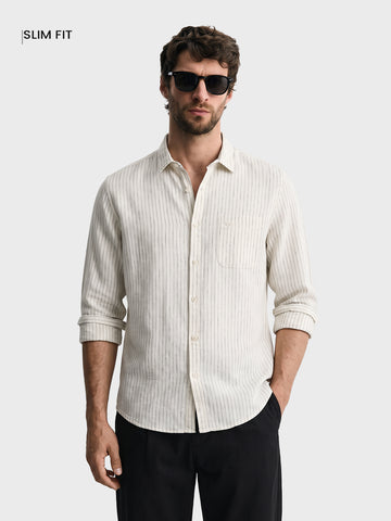 Men's Black Slim Fit Striped Casual Shirt