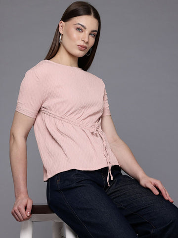 Freehand Pink The Indian Garage Co Women Relaxed Fit Textured Ruched Top