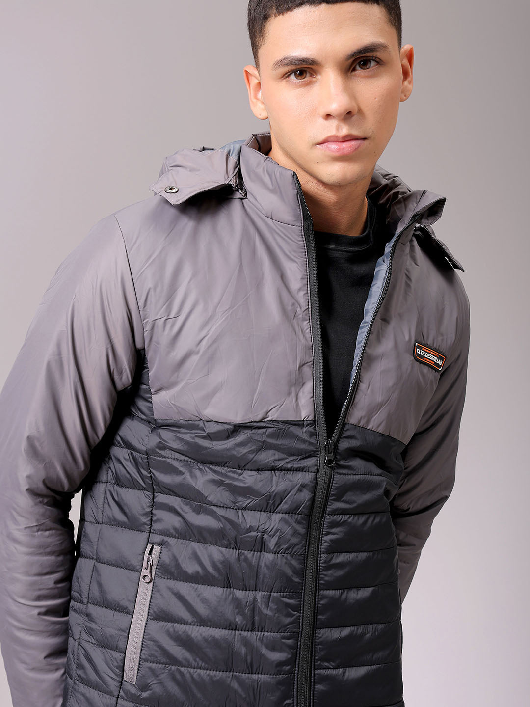 Men's Black Slim Fit Colourblocked Hooded Jacket