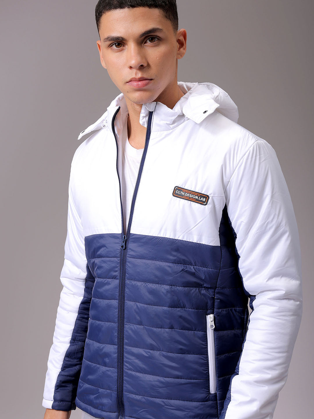 Men's Blue Slim Fit Colourblocked Hooded Jacket