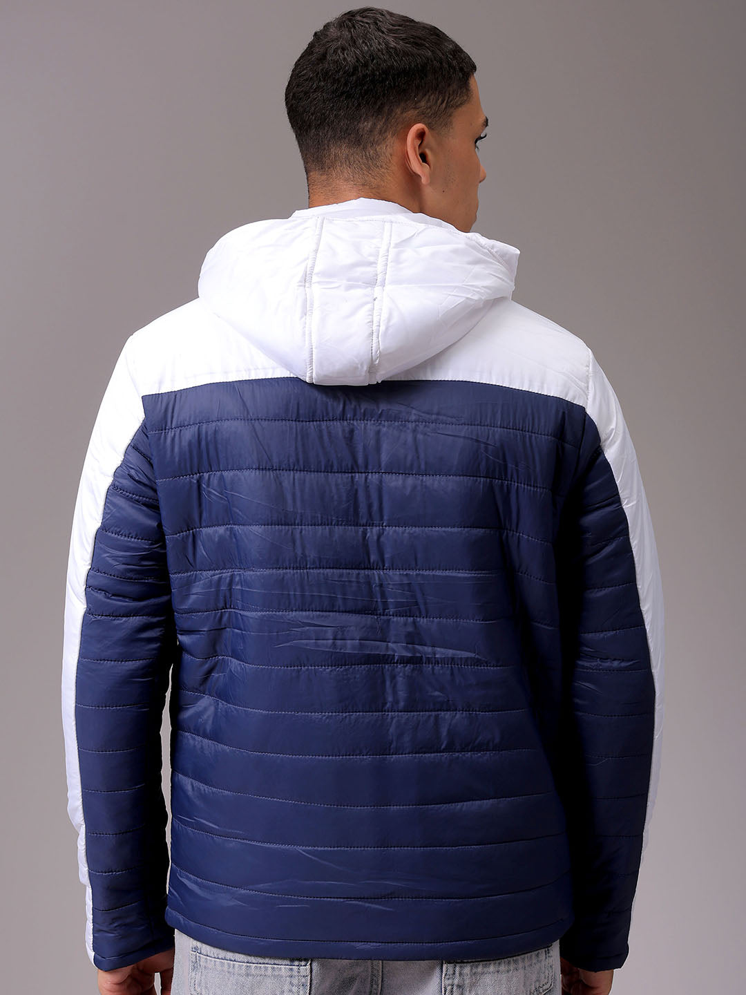 Men's Blue Slim Fit Colourblocked Hooded Jacket