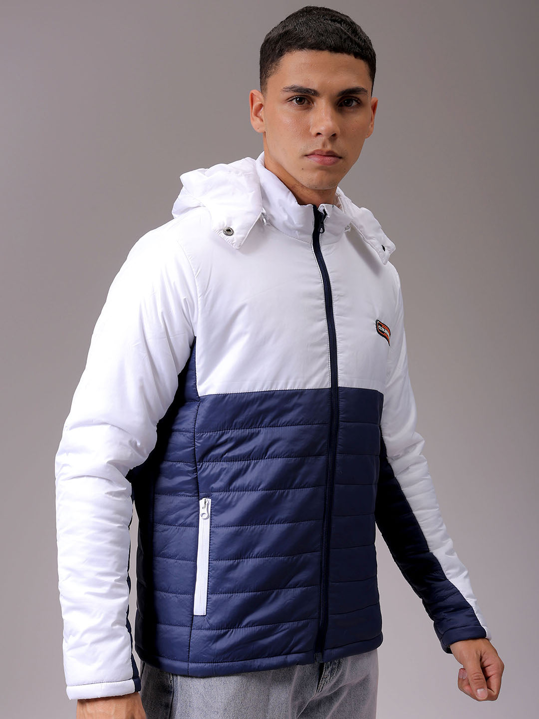 Men's Blue Slim Fit Colourblocked Hooded Jacket