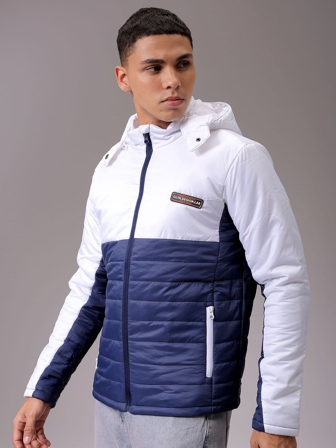 Men's Blue Slim Fit Colourblocked Hooded Jacket