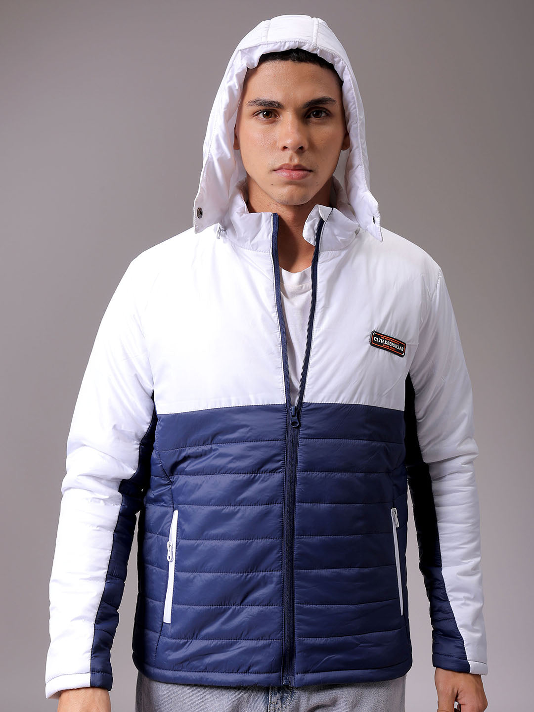 Men's Blue Slim Fit Colourblocked Hooded Jacket