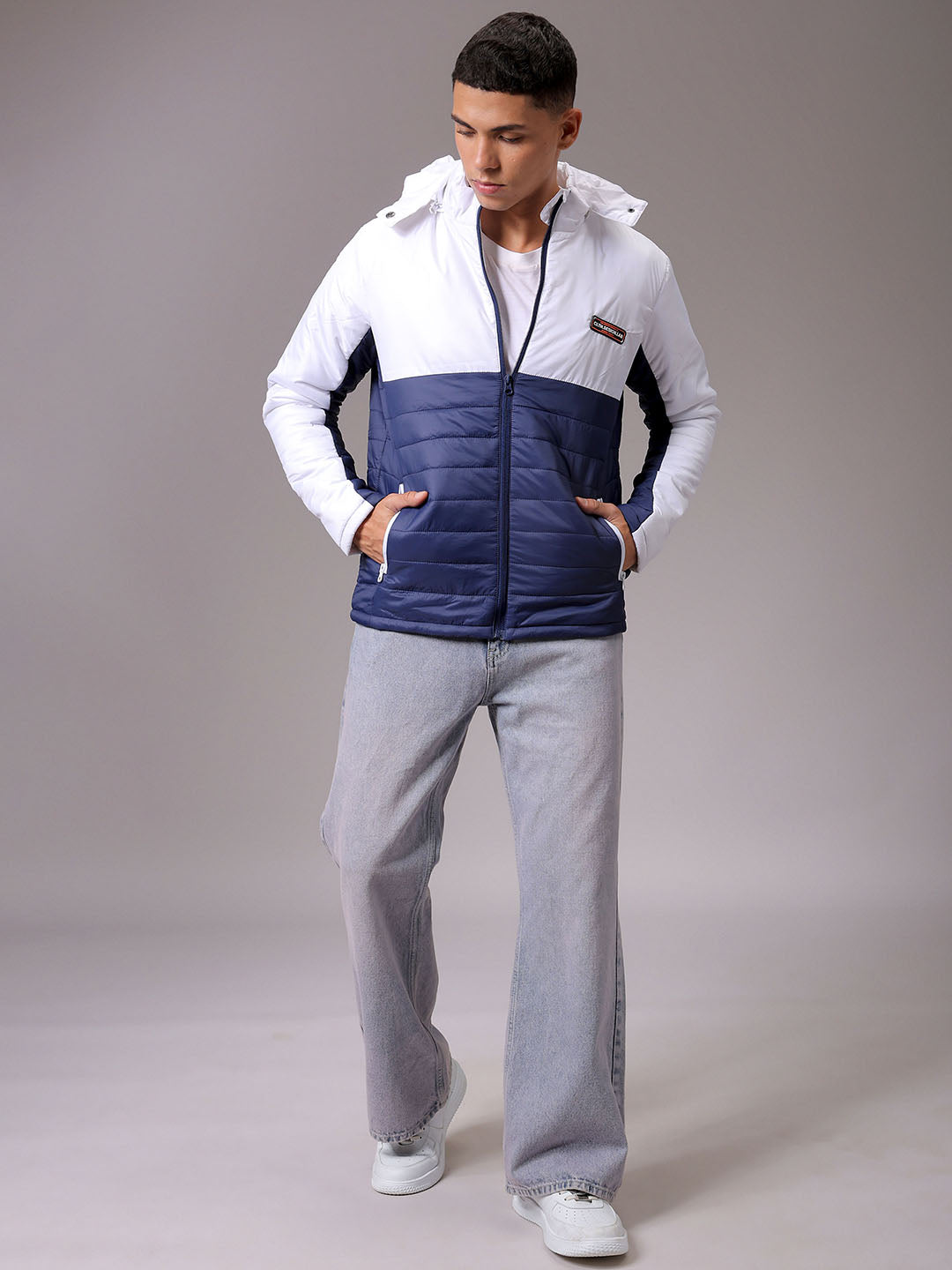 Men's Blue Slim Fit Colourblocked Hooded Jacket