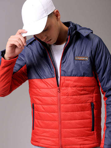 Men's Red Slim Fit Colourblocked Hooded Jacket