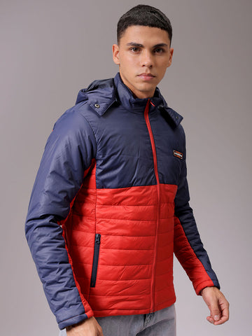 Men's Red Slim Fit Colourblocked Hooded Jacket
