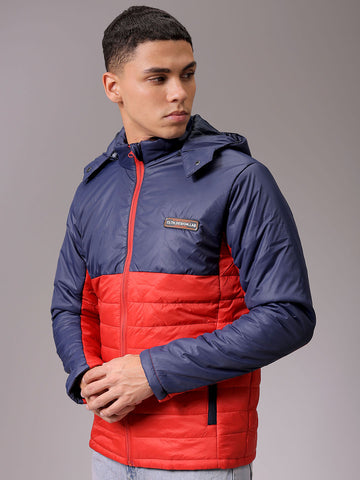 Men's Red Slim Fit Colourblocked Hooded Jacket