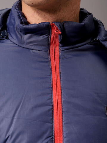Men's Red Slim Fit Colourblocked Hooded Jacket