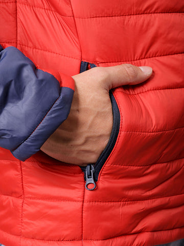 Men's Red Slim Fit Colourblocked Hooded Jacket