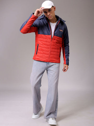 Men's Red Slim Fit Colourblocked Hooded Jacket