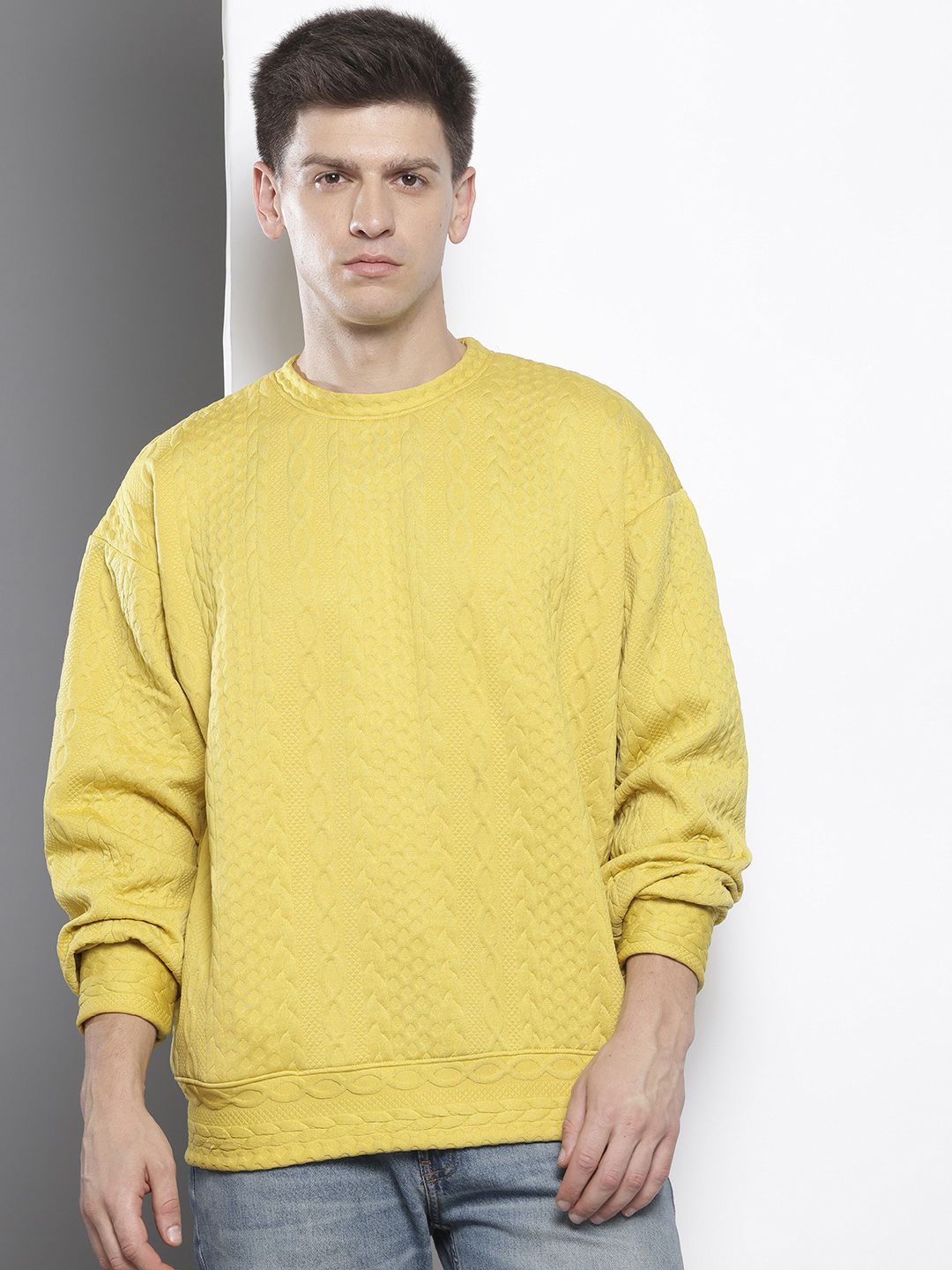 Men's Yellow Oversized Fit Textured Casual Sweatshirt