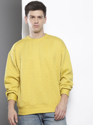 Men's Yellow Oversized Fit Textured Casual Sweatshirt