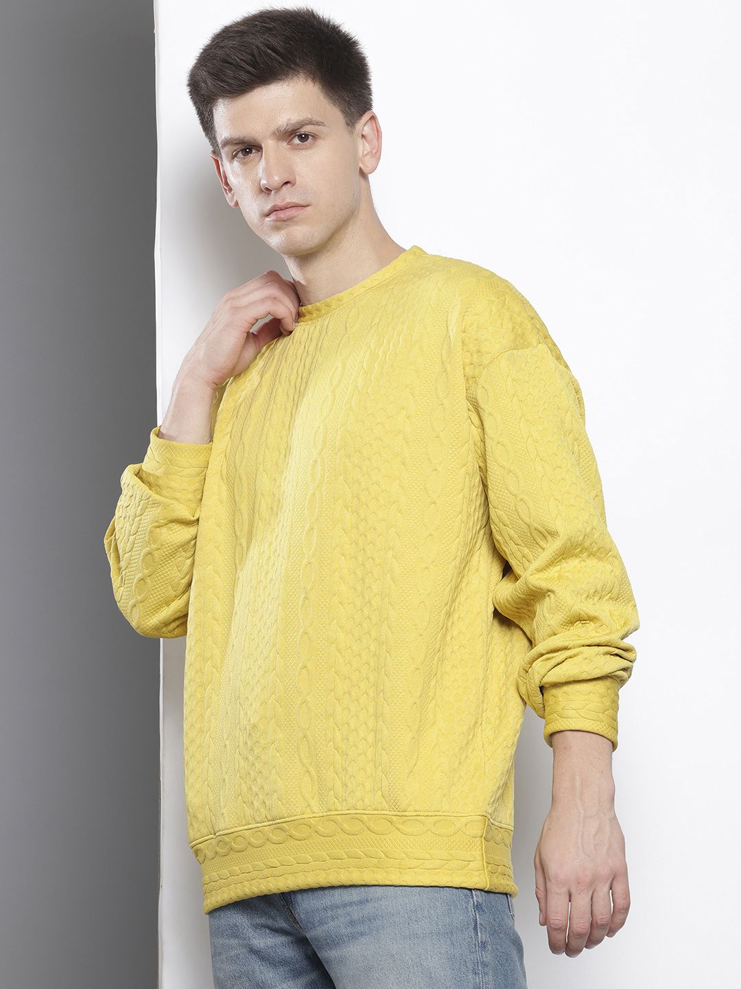 Men's Yellow Oversized Fit Textured Casual Sweatshirt