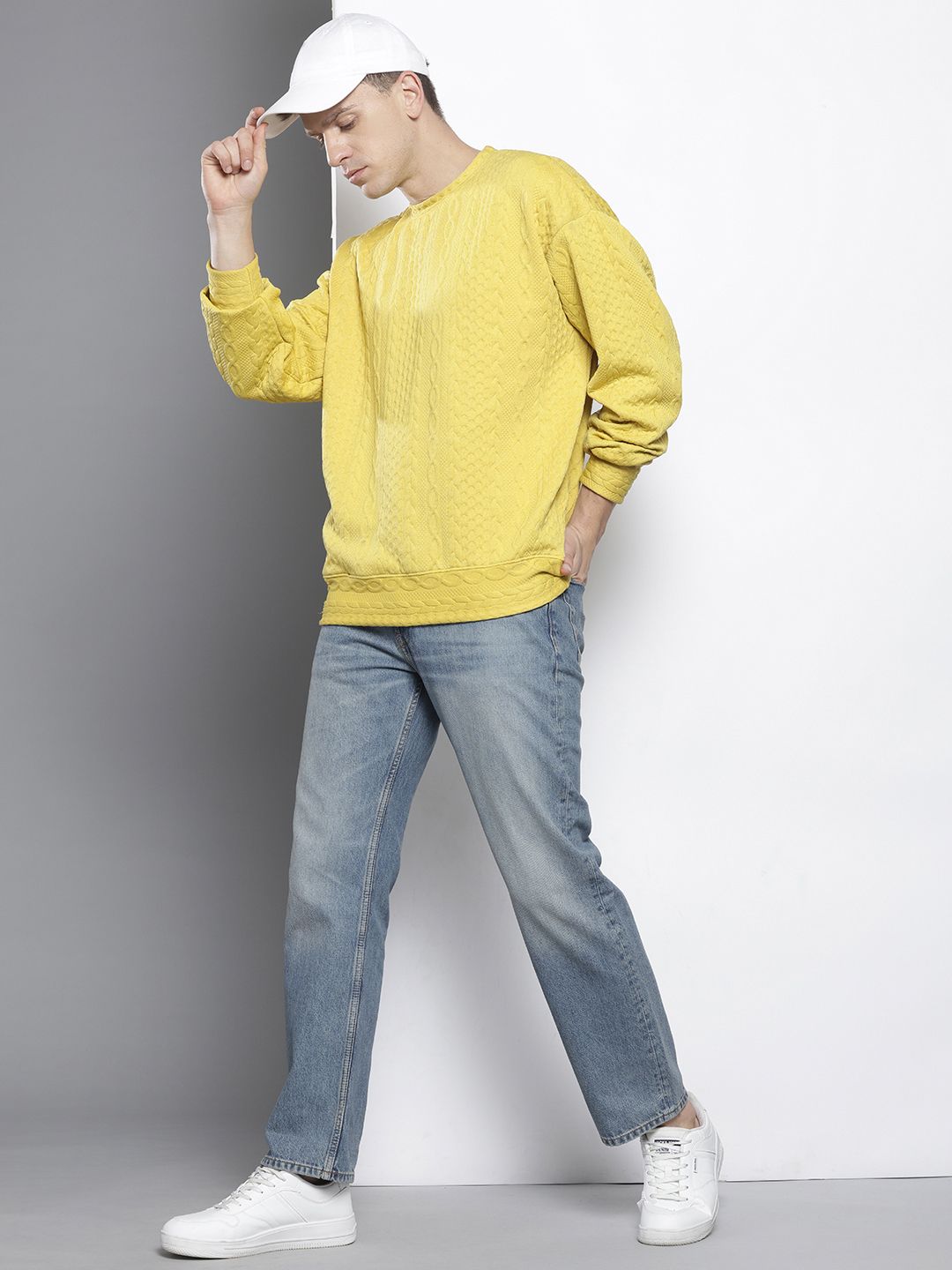 Men's Yellow Oversized Fit Textured Casual Sweatshirt