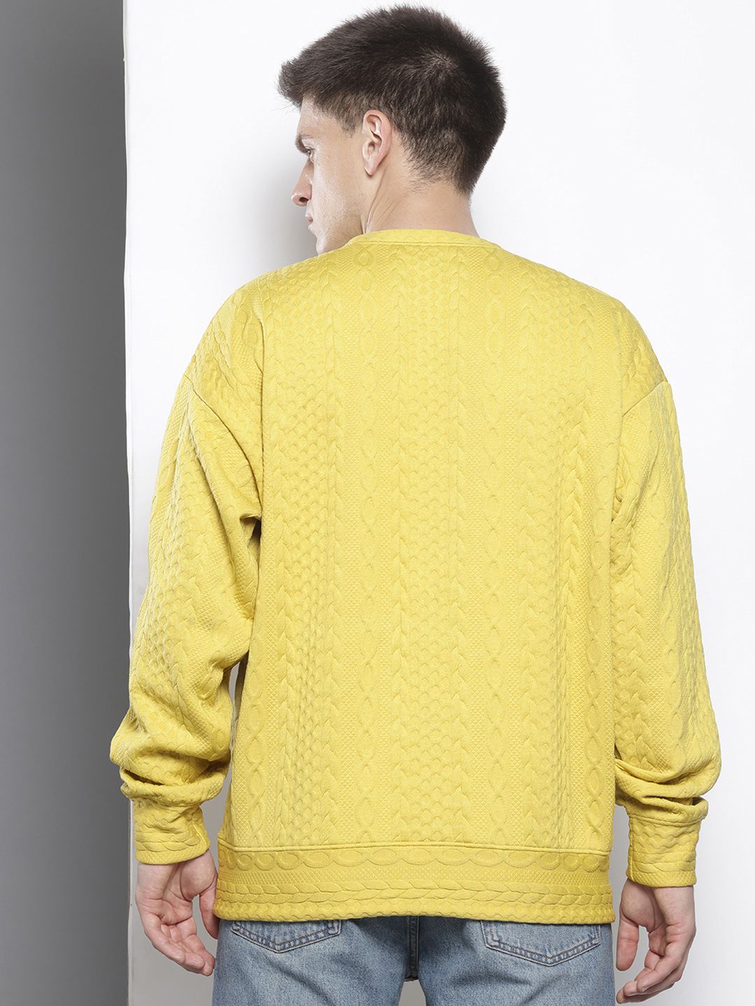 Men's Yellow Oversized Fit Textured Casual Sweatshirt