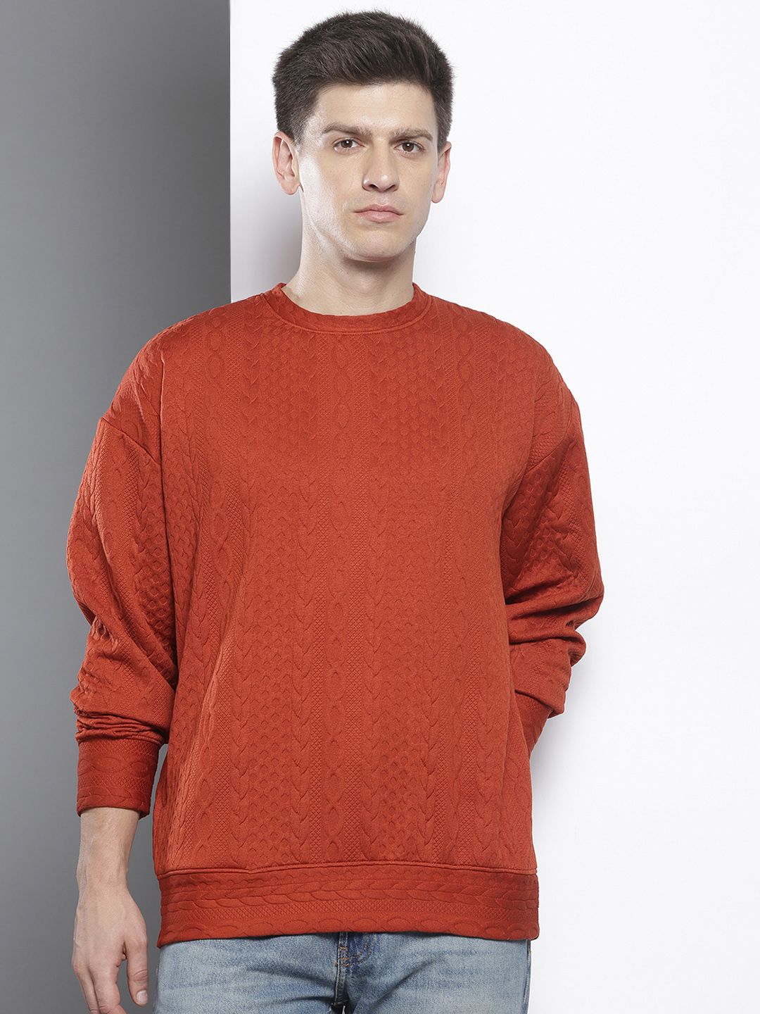 Men's Rust Oversized Fit Textured Casual Sweatshirt