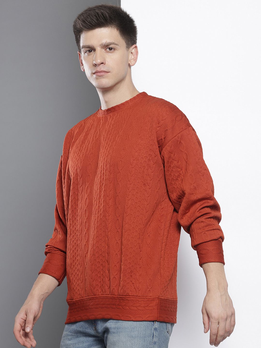 Men's Rust Oversized Fit Textured Casual Sweatshirt