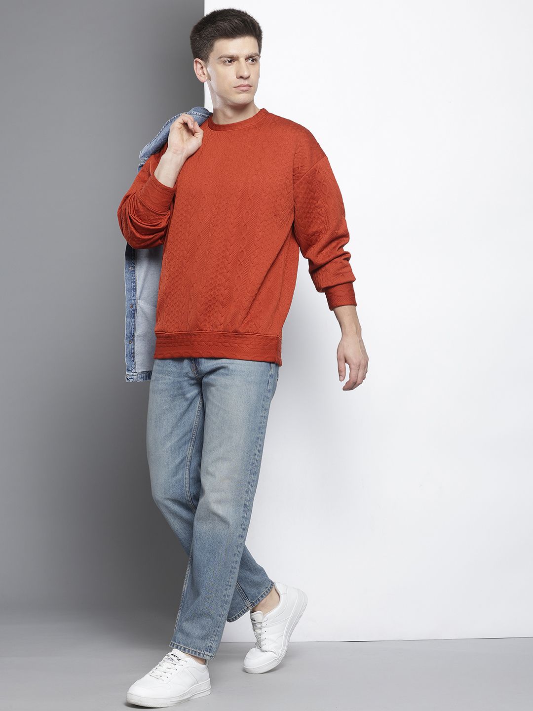 Men's Rust Oversized Fit Textured Casual Sweatshirt