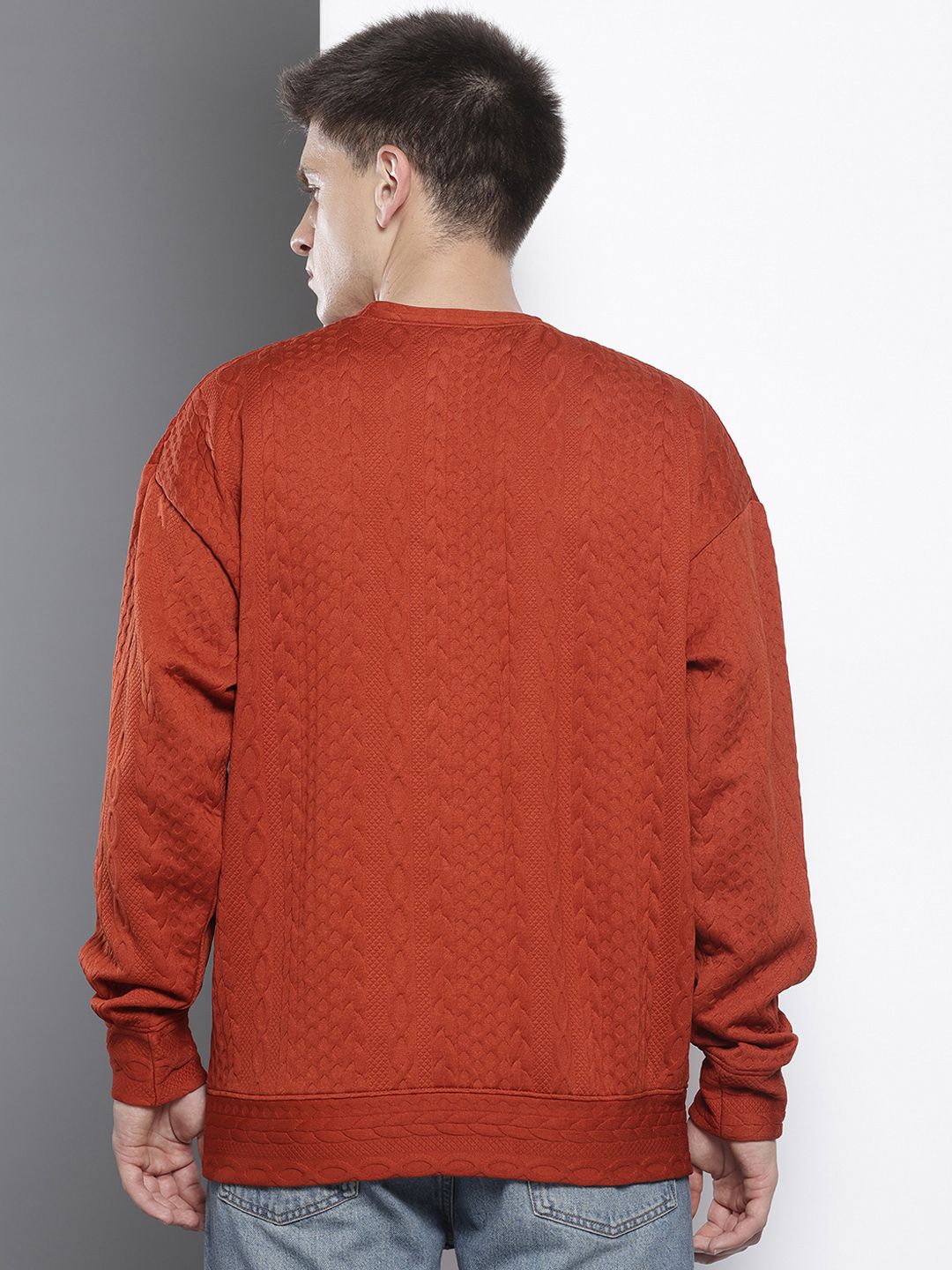 Men's Rust Oversized Fit Textured Casual Sweatshirt